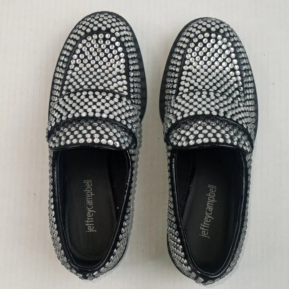 Jeffrey Campbell Black Loafers with Silver Rhinestones